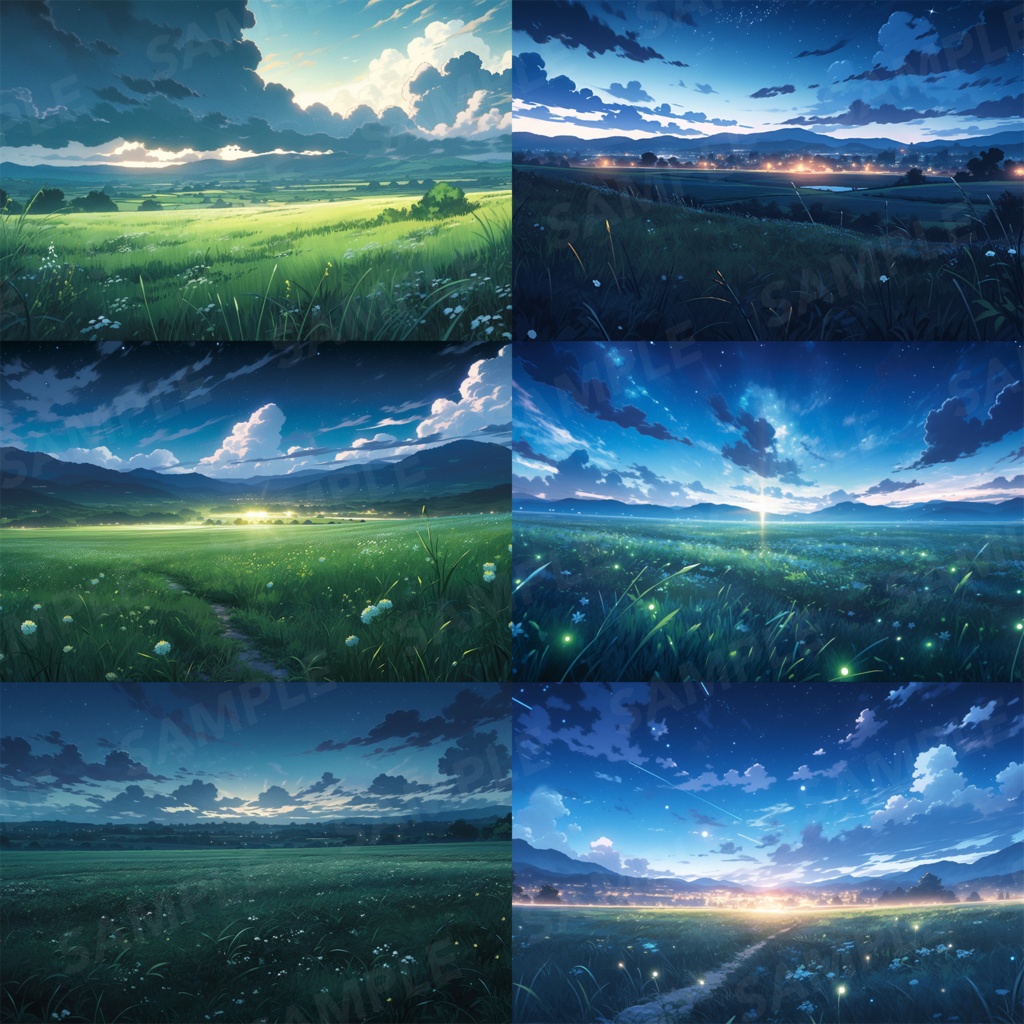 【背景素材】草原 夜 星空 自然 草 花 草むら お花畑 平原 芝生 牧場 放牧地 風景 遠景 アルプス 空 雲 アニメ風 背景 世界観 90枚【画集】【コンセプトアート】