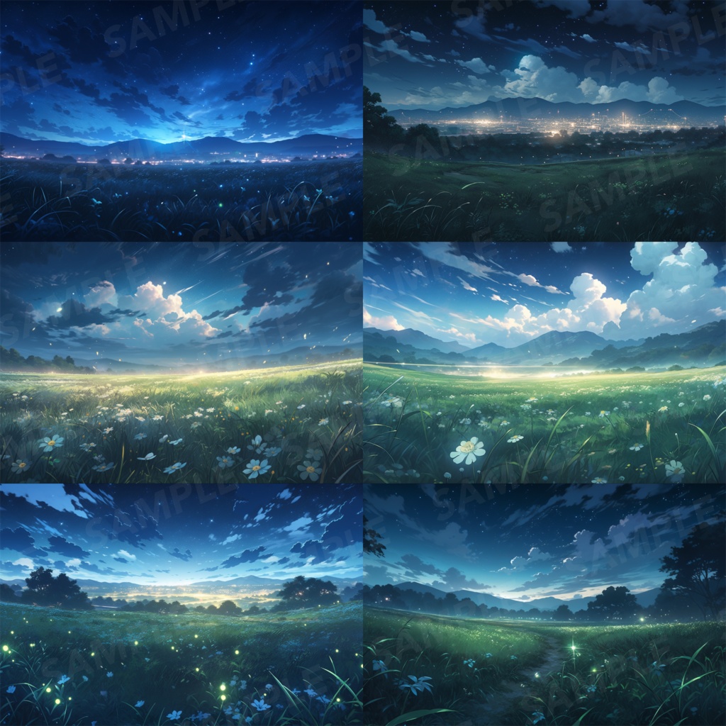 【背景素材】草原 夜 星空 自然 草 花 草むら お花畑 平原 芝生 牧場 放牧地 風景 遠景 アルプス 空 雲 アニメ風 背景 世界観 90枚【画集】【コンセプトアート】
