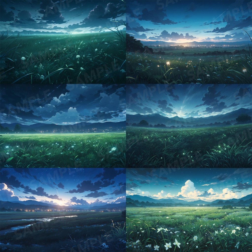 【背景素材】草原 夜 星空 自然 草 花 草むら お花畑 平原 芝生 牧場 放牧地 風景 遠景 アルプス 空 雲 アニメ風 背景 世界観 90枚【画集】【コンセプトアート】