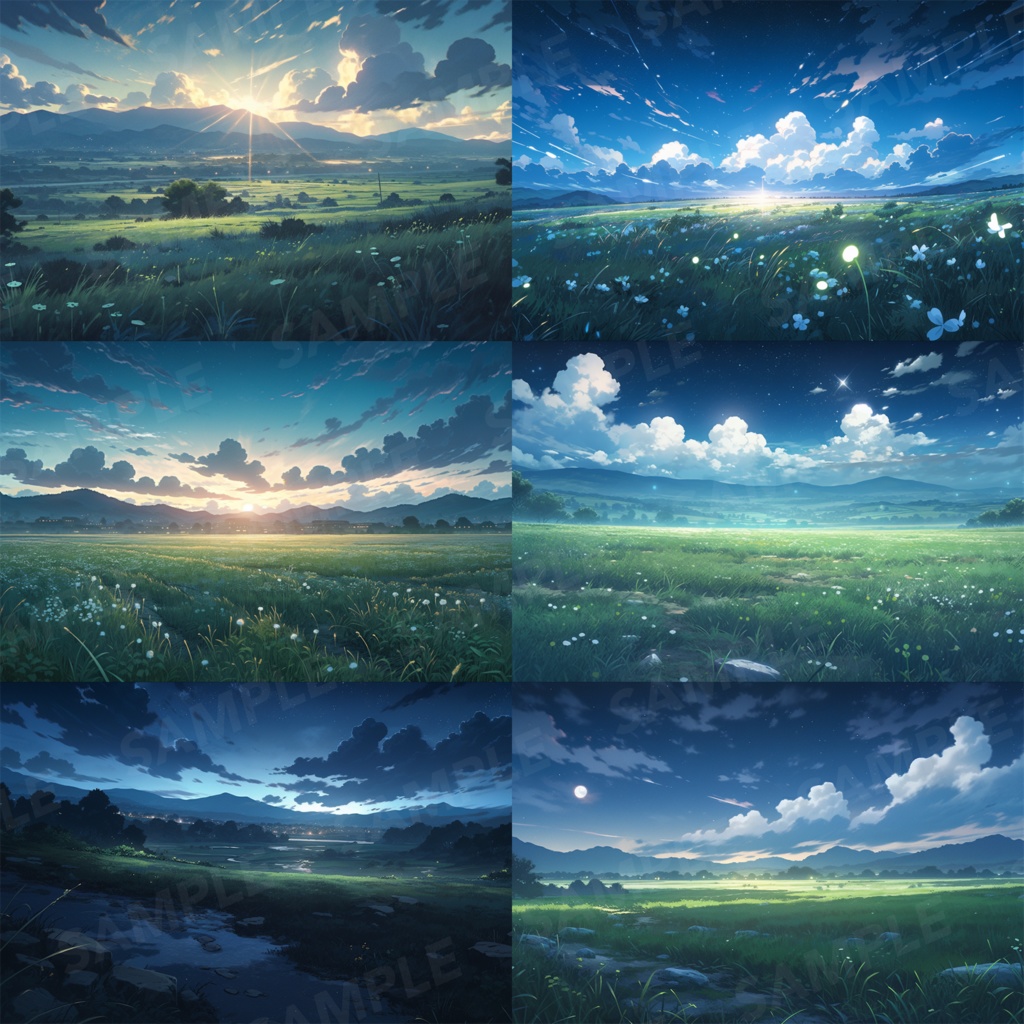 【背景素材】草原 夜 星空 自然 草 花 草むら お花畑 平原 芝生 牧場 放牧地 風景 遠景 アルプス 空 雲 アニメ風 背景 世界観 90枚【画集】【コンセプトアート】