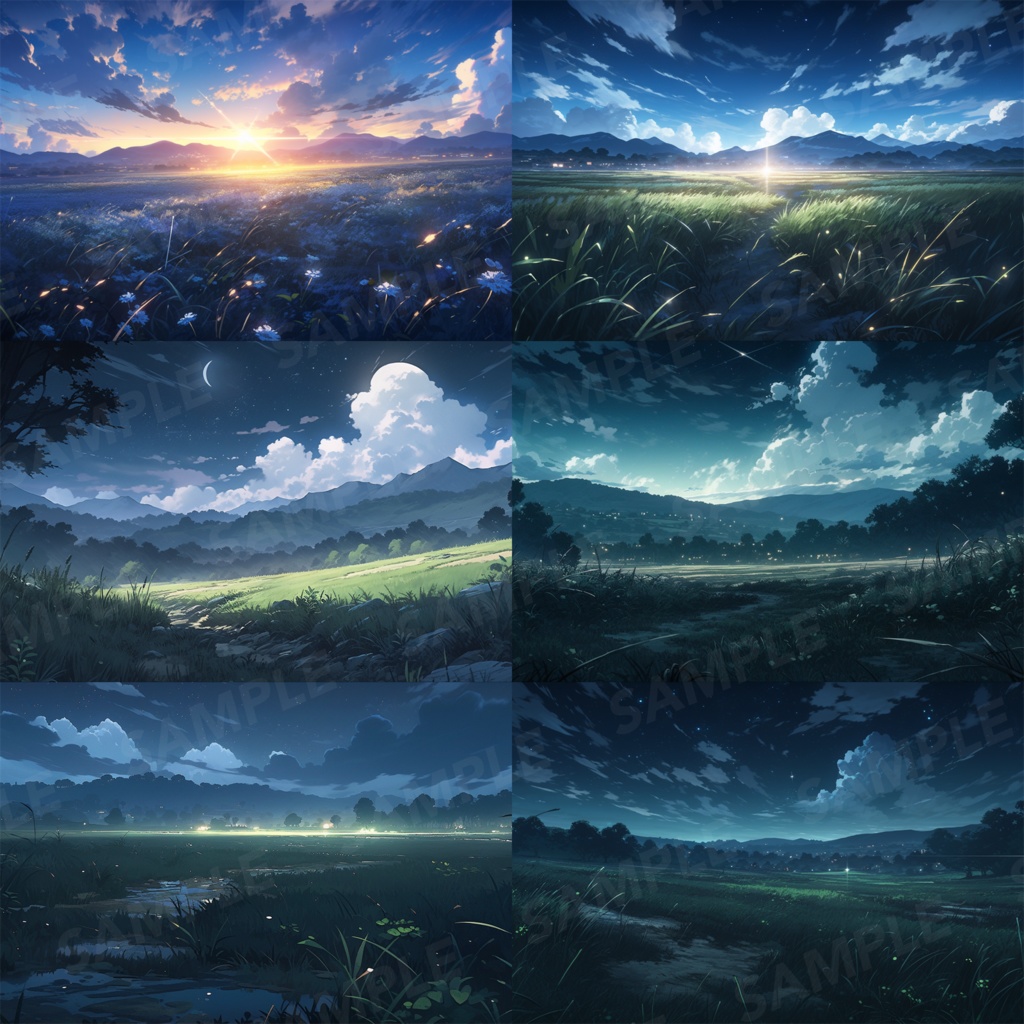 【背景素材】草原 夜 星空 自然 草 花 草むら お花畑 平原 芝生 牧場 放牧地 風景 遠景 アルプス 空 雲 アニメ風 背景 世界観 90枚【画集】【コンセプトアート】