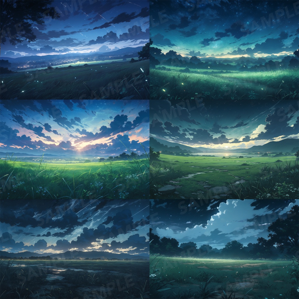 【背景素材】草原 夜 星空 自然 草 花 草むら お花畑 平原 芝生 牧場 放牧地 風景 遠景 アルプス 空 雲 アニメ風 背景 世界観 90枚【画集】【コンセプトアート】