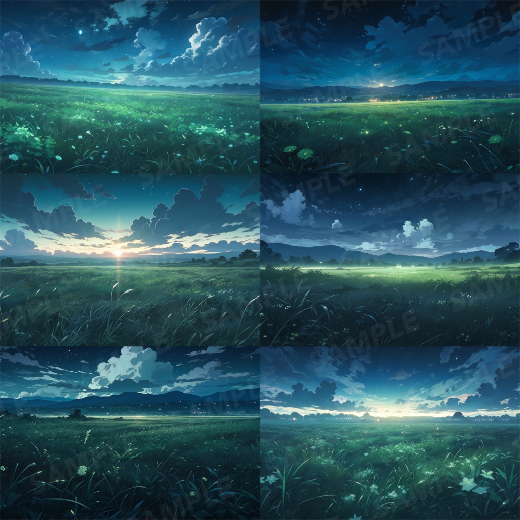 【背景素材】草原 夜 星空 自然 草 花 草むら お花畑 平原 芝生 牧場 放牧地 風景 遠景 アルプス 空 雲 アニメ風 背景 世界観 90枚【画集】【コンセプトアート】