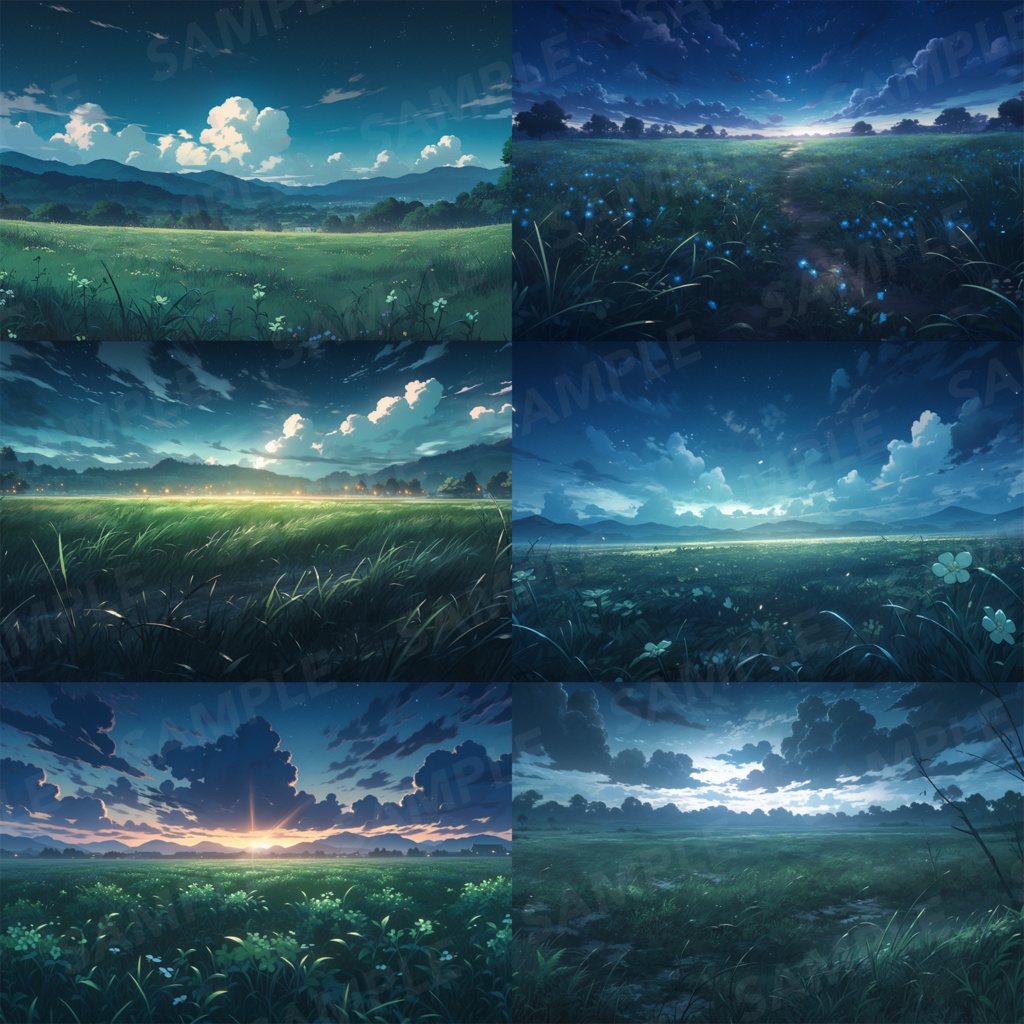 【背景素材】草原 夜 星空 自然 草 花 草むら お花畑 平原 芝生 牧場 放牧地 風景 遠景 アルプス 空 雲 アニメ風 背景 世界観 90枚【画集】【コンセプトアート】