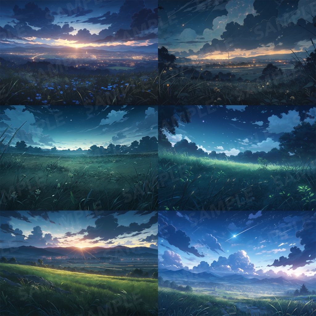 【背景素材】草原 夜 星空 自然 草 花 草むら お花畑 平原 芝生 牧場 放牧地 風景 遠景 アルプス 空 雲 アニメ風 背景 世界観 90枚【画集】【コンセプトアート】