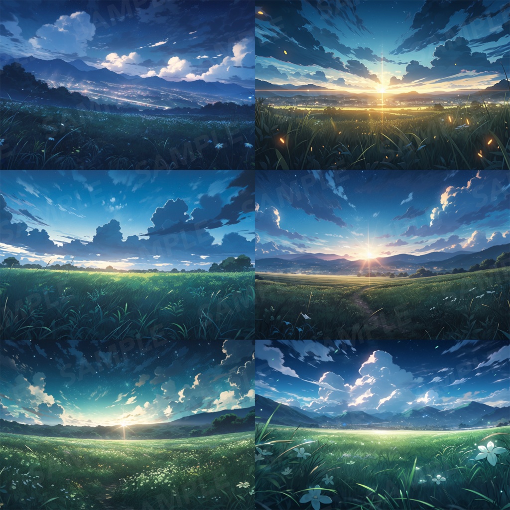 【背景素材】草原 夜 星空 自然 草 花 草むら お花畑 平原 芝生 牧場 放牧地 風景 遠景 アルプス 空 雲 アニメ風 背景 世界観 90枚【画集】【コンセプトアート】