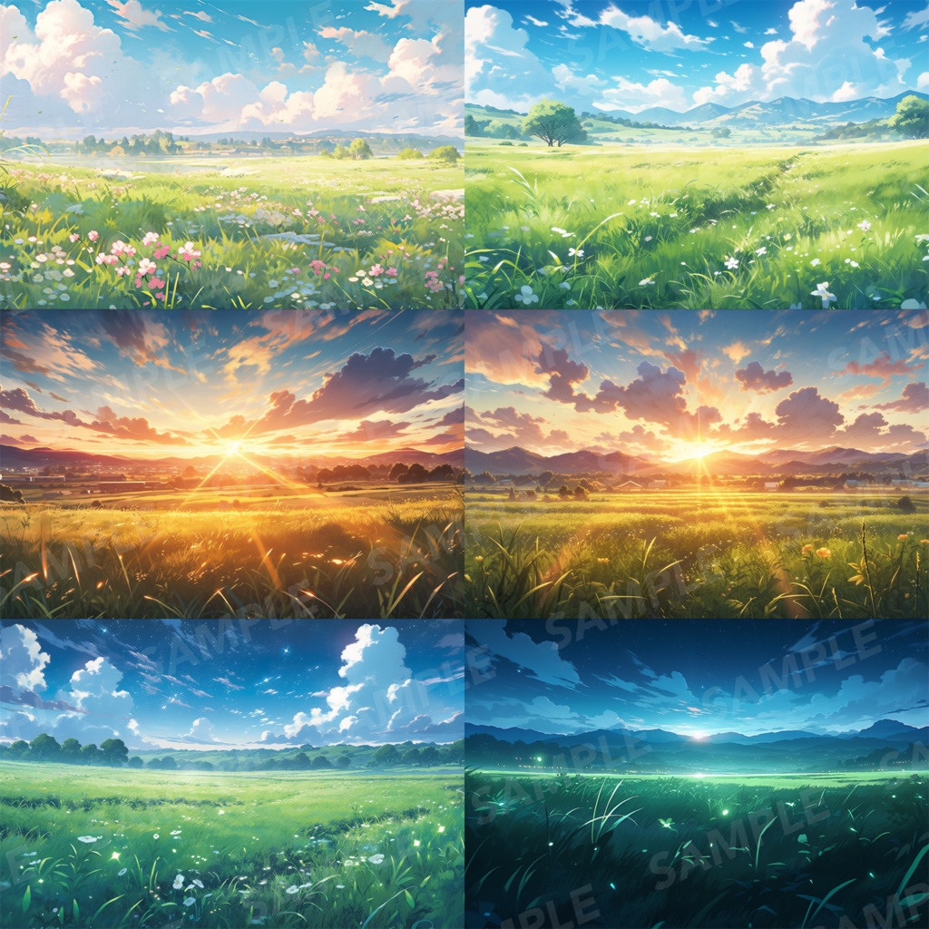 【背景素材】草原 朝 夕日 夜 星空 自然 草 花 草むら お花畑 平原 芝生 牧場 放牧地 風景 遠景 アルプス 空 雲 アニメ風 背景 世界観 90枚【画集】【コンセプトアート】