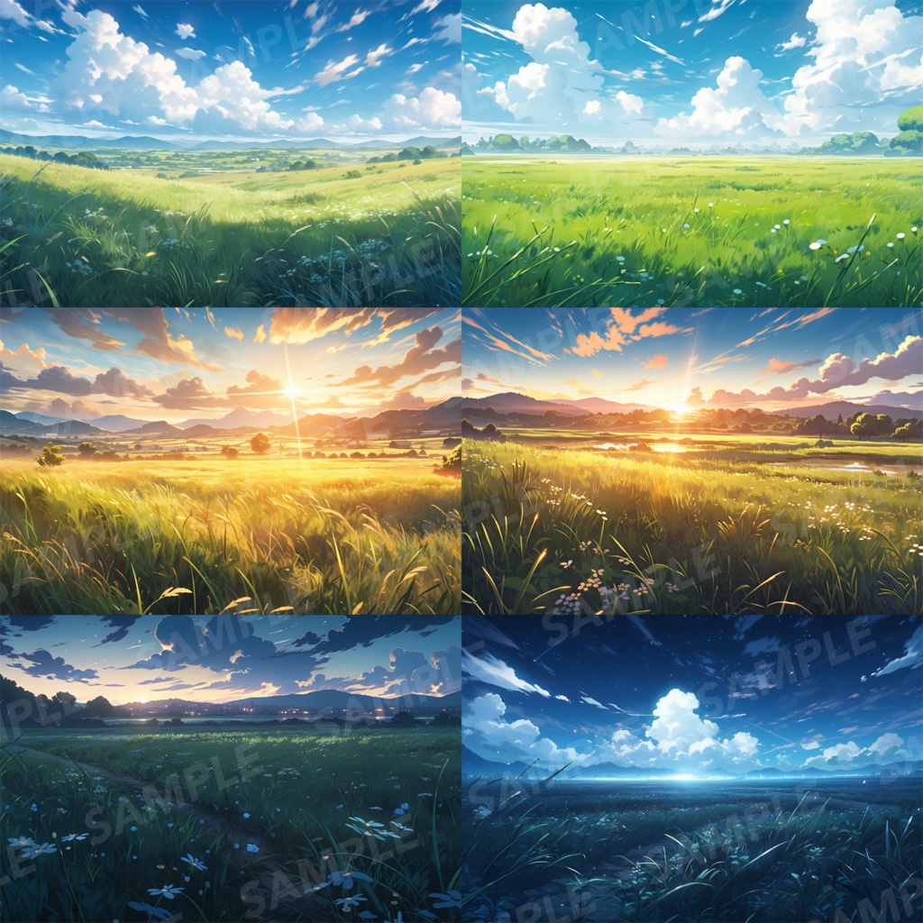 【背景素材】草原 朝 夕日 夜 星空 自然 草 花 草むら お花畑 平原 芝生 牧場 放牧地 風景 遠景 アルプス 空 雲 アニメ風 背景 世界観 90枚【画集】【コンセプトアート】