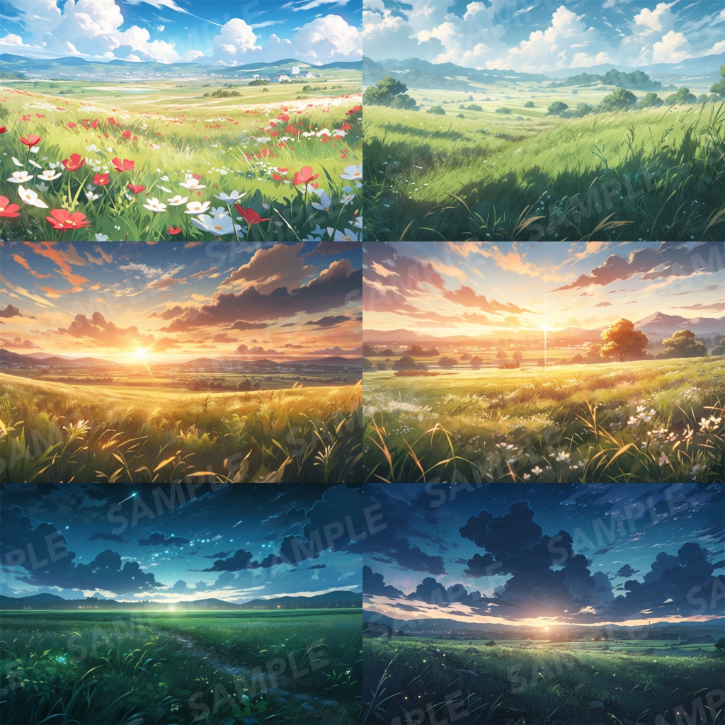 【背景素材】草原 朝 夕日 夜 星空 自然 草 花 草むら お花畑 平原 芝生 牧場 放牧地 風景 遠景 アルプス 空 雲 アニメ風 背景 世界観 90枚【画集】【コンセプトアート】