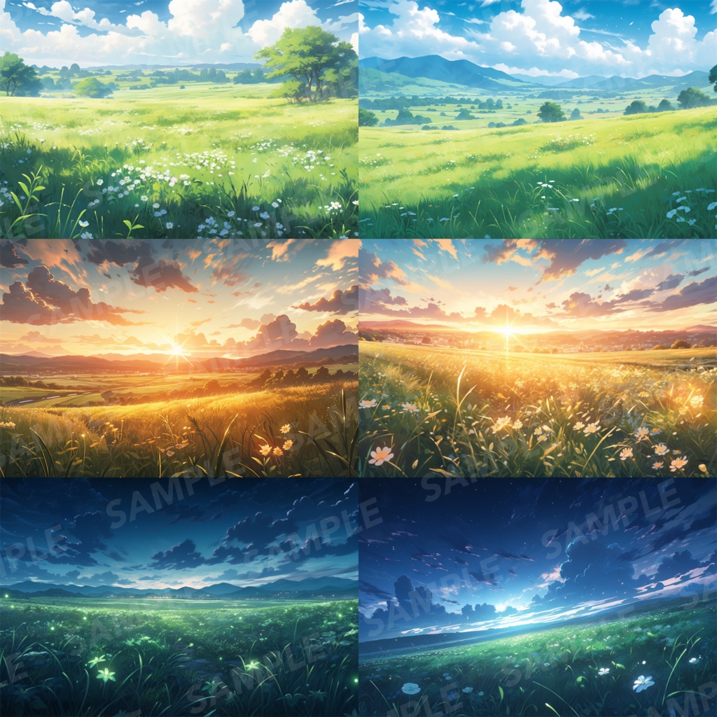 【背景素材】草原 朝 夕日 夜 星空 自然 草 花 草むら お花畑 平原 芝生 牧場 放牧地 風景 遠景 アルプス 空 雲 アニメ風 背景 世界観 90枚【画集】【コンセプトアート】
