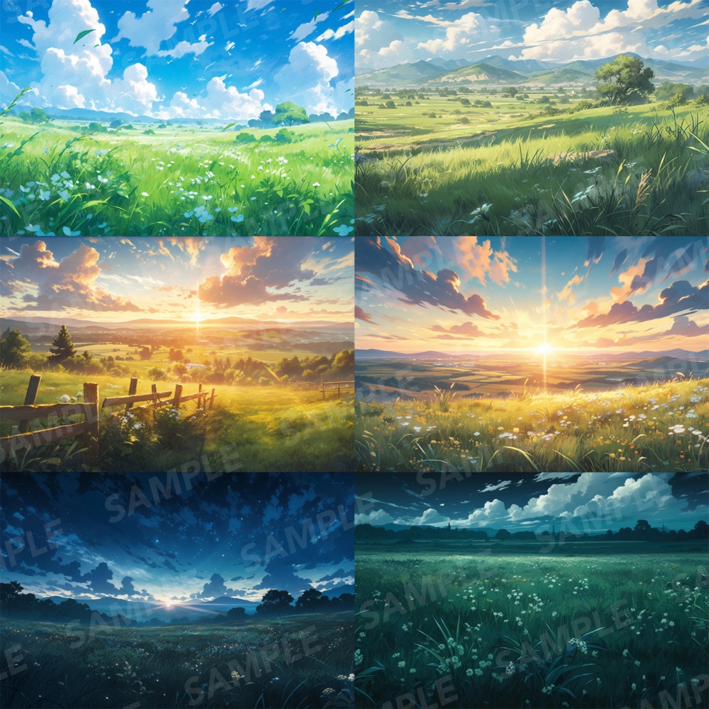 【背景素材】草原 朝 夕日 夜 星空 自然 草 花 草むら お花畑 平原 芝生 牧場 放牧地 風景 遠景 アルプス 空 雲 アニメ風 背景 世界観 90枚【画集】【コンセプトアート】
