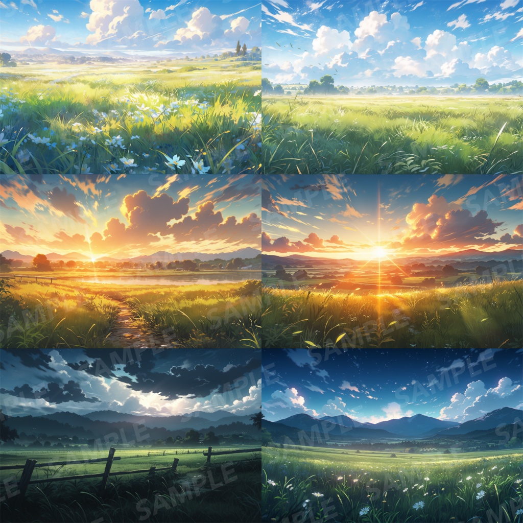 【背景素材】草原 朝 夕日 夜 星空 自然 草 花 草むら お花畑 平原 芝生 牧場 放牧地 風景 遠景 アルプス 空 雲 アニメ風 背景 世界観 90枚【画集】【コンセプトアート】