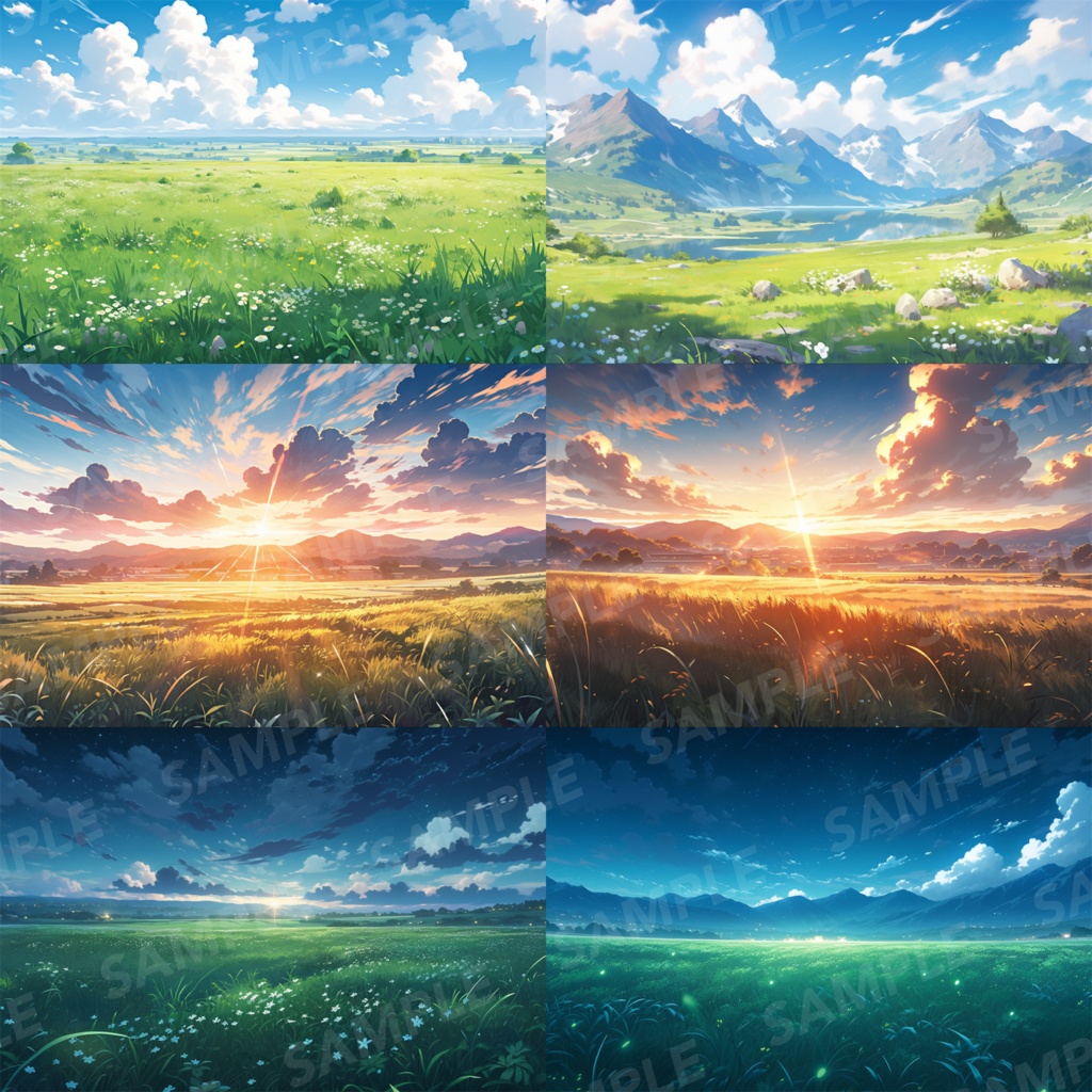 【背景素材】草原 朝 夕日 夜 星空 自然 草 花 草むら お花畑 平原 芝生 牧場 放牧地 風景 遠景 アルプス 空 雲 アニメ風 背景 世界観 90枚【画集】【コンセプトアート】