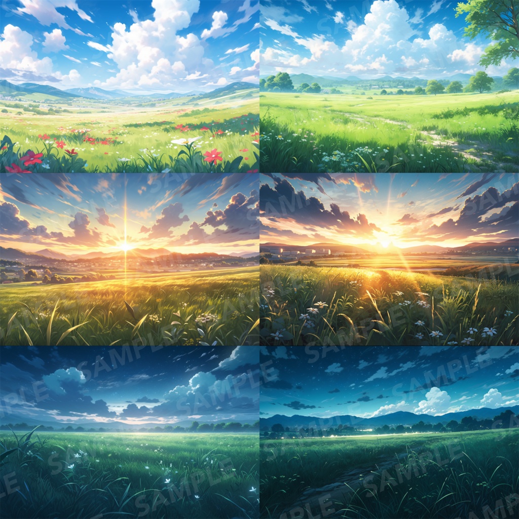 【背景素材】草原 朝 夕日 夜 星空 自然 草 花 草むら お花畑 平原 芝生 牧場 放牧地 風景 遠景 アルプス 空 雲 アニメ風 背景 世界観 90枚【画集】【コンセプトアート】