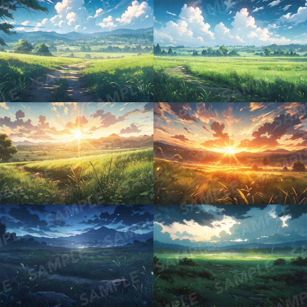 【背景素材】草原 朝 夕日 夜 星空 自然 草 花 草むら お花畑 平原 芝生 牧場 放牧地 風景 遠景 アルプス 空 雲 アニメ風 背景 世界観 90枚【画集】【コンセプトアート】