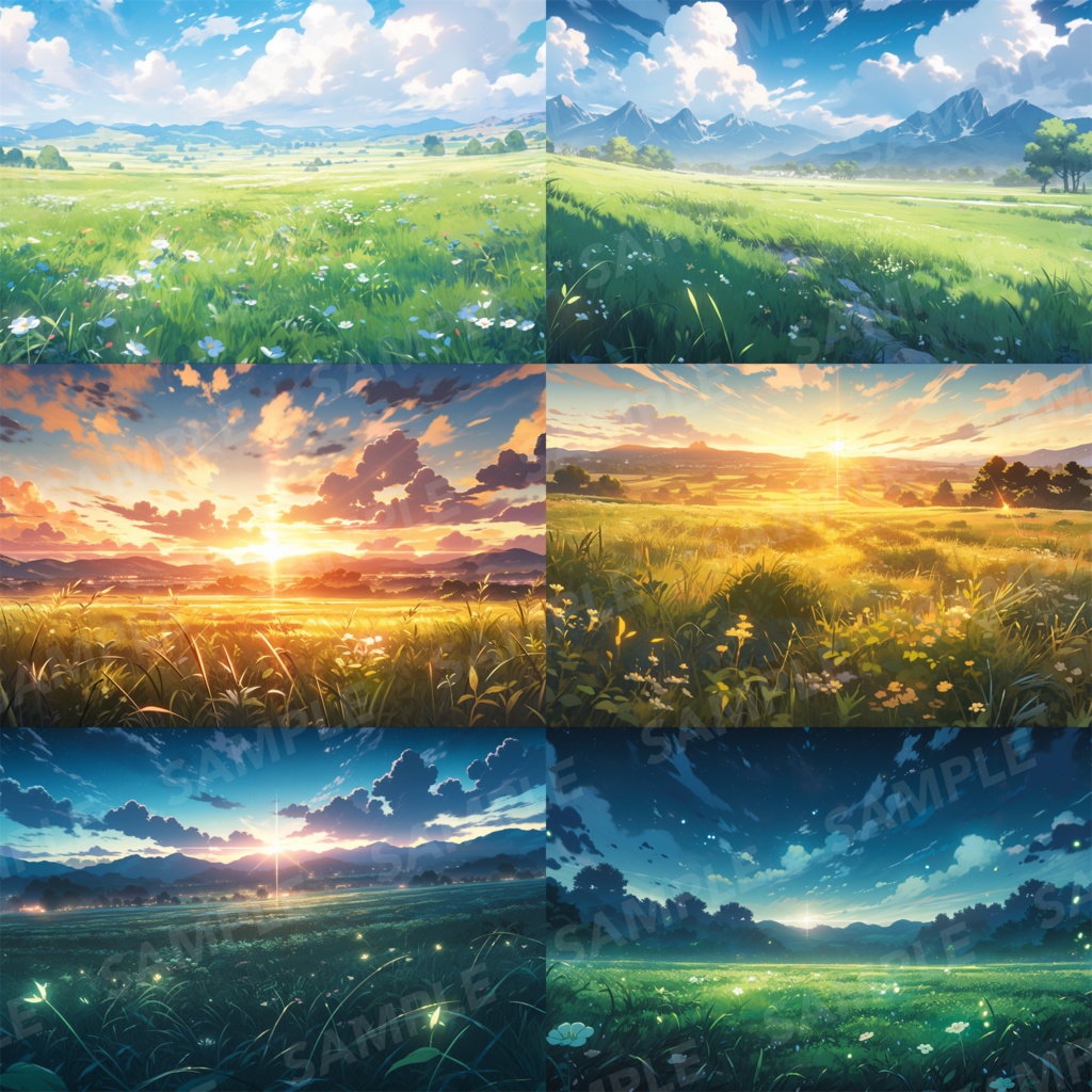 【背景素材】草原 朝 夕日 夜 星空 自然 草 花 草むら お花畑 平原 芝生 牧場 放牧地 風景 遠景 アルプス 空 雲 アニメ風 背景 世界観 90枚【画集】【コンセプトアート】