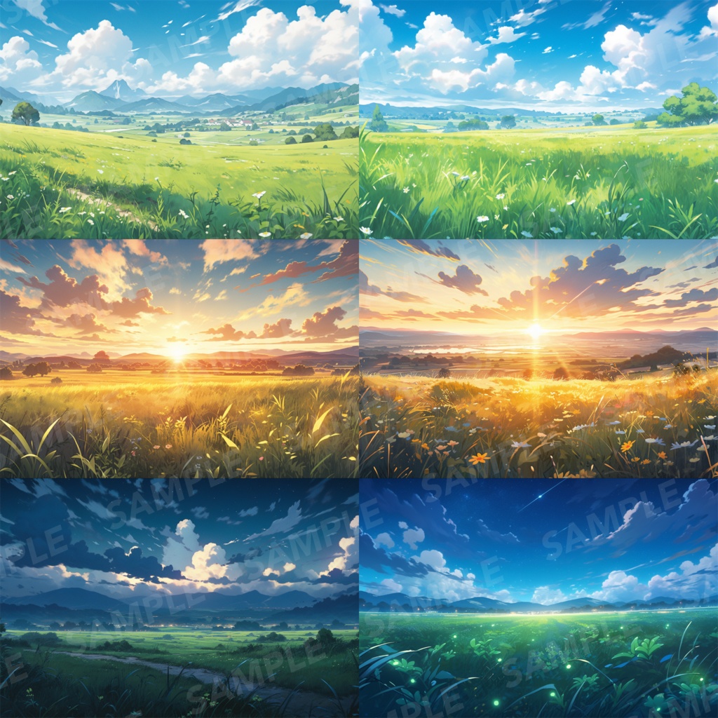 【背景素材】草原 朝 夕日 夜 星空 自然 草 花 草むら お花畑 平原 芝生 牧場 放牧地 風景 遠景 アルプス 空 雲 アニメ風 背景 世界観 90枚【画集】【コンセプトアート】