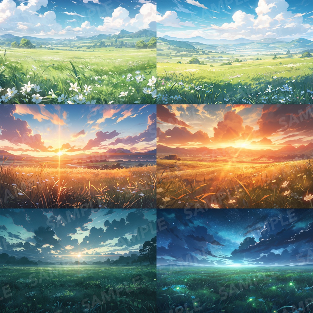 【背景素材】草原 朝 夕日 夜 星空 自然 草 花 草むら お花畑 平原 芝生 牧場 放牧地 風景 遠景 アルプス 空 雲 アニメ風 背景 世界観 90枚【画集】【コンセプトアート】