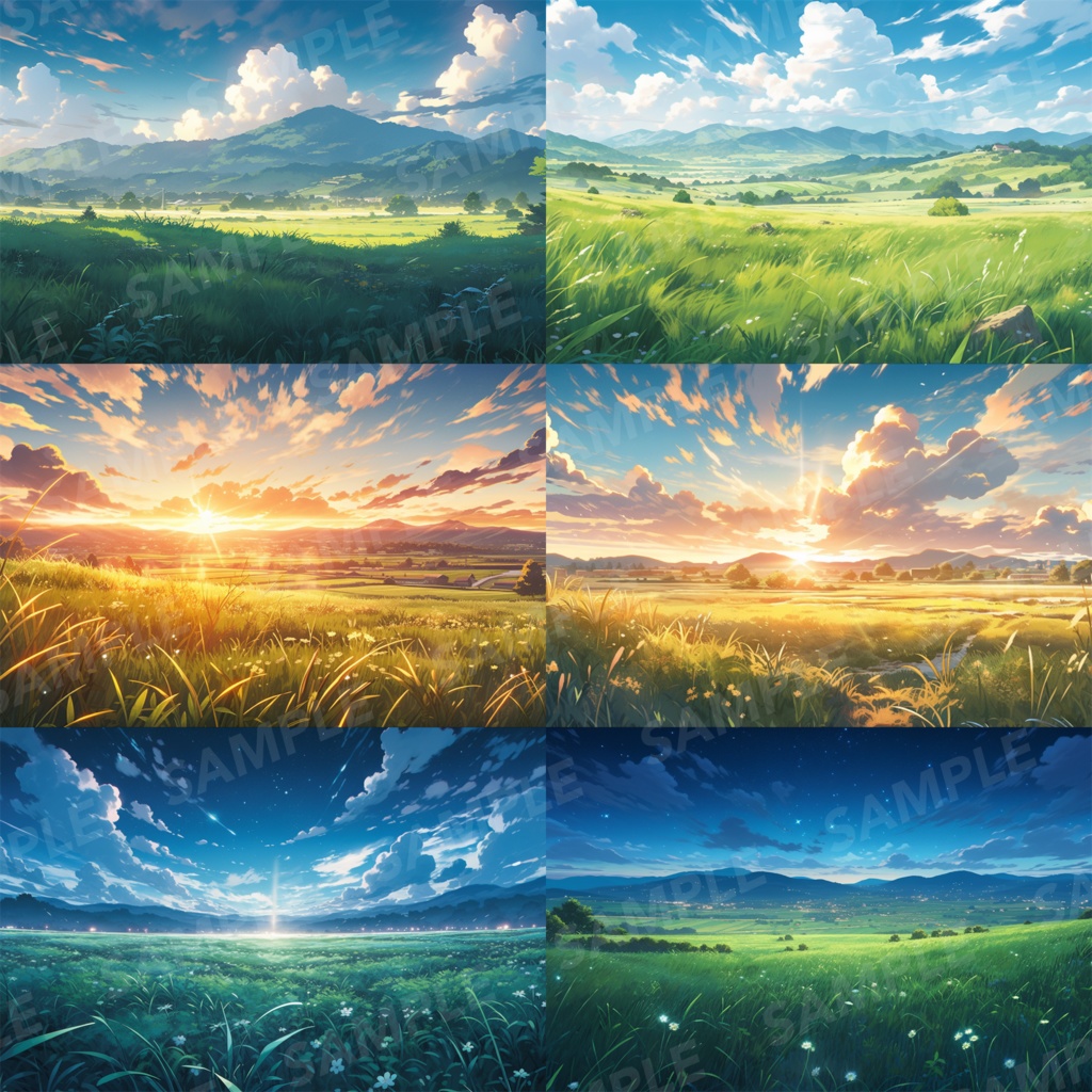 【背景素材】草原 朝 夕日 夜 星空 自然 草 花 草むら お花畑 平原 芝生 牧場 放牧地 風景 遠景 アルプス 空 雲 アニメ風 背景 世界観 90枚【画集】【コンセプトアート】