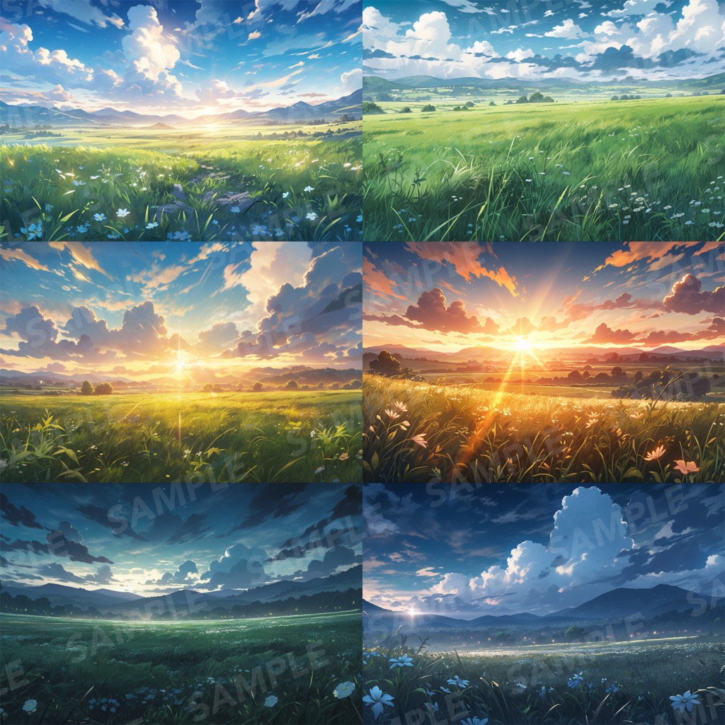 【背景素材】草原 朝 夕日 夜 星空 自然 草 花 草むら お花畑 平原 芝生 牧場 放牧地 風景 遠景 アルプス 空 雲 アニメ風 背景 世界観 90枚【画集】【コンセプトアート】