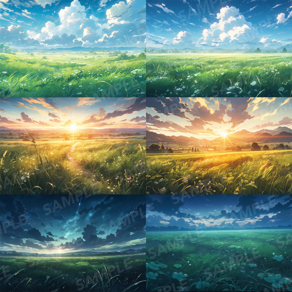 【背景素材】草原 朝 夕日 夜 星空 自然 草 花 草むら お花畑 平原 芝生 牧場 放牧地 風景 遠景 アルプス 空 雲 アニメ風 背景 世界観 90枚【画集】【コンセプトアート】