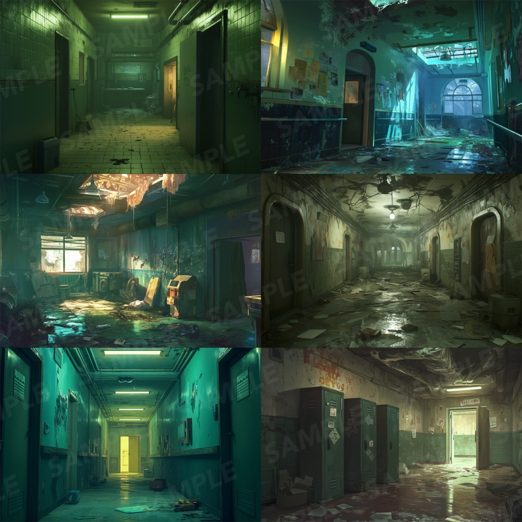 【背景素材】【緑】廊下 廃廊下 廃墟 廃屋 通路 アパート 建物 施設 室内 アジト 倉庫 サイバーパンク ホラー 背景 世界観 30枚【画集】【コンセプトアート】