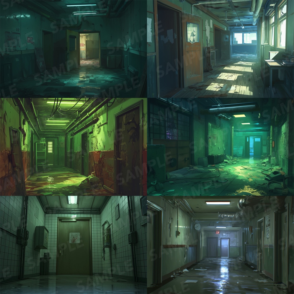 【背景素材】【緑】廊下 廃廊下 廃墟 廃屋 通路 アパート 建物 施設 室内 アジト 倉庫 サイバーパンク ホラー 背景 世界観 30枚【画集】【コンセプトアート】