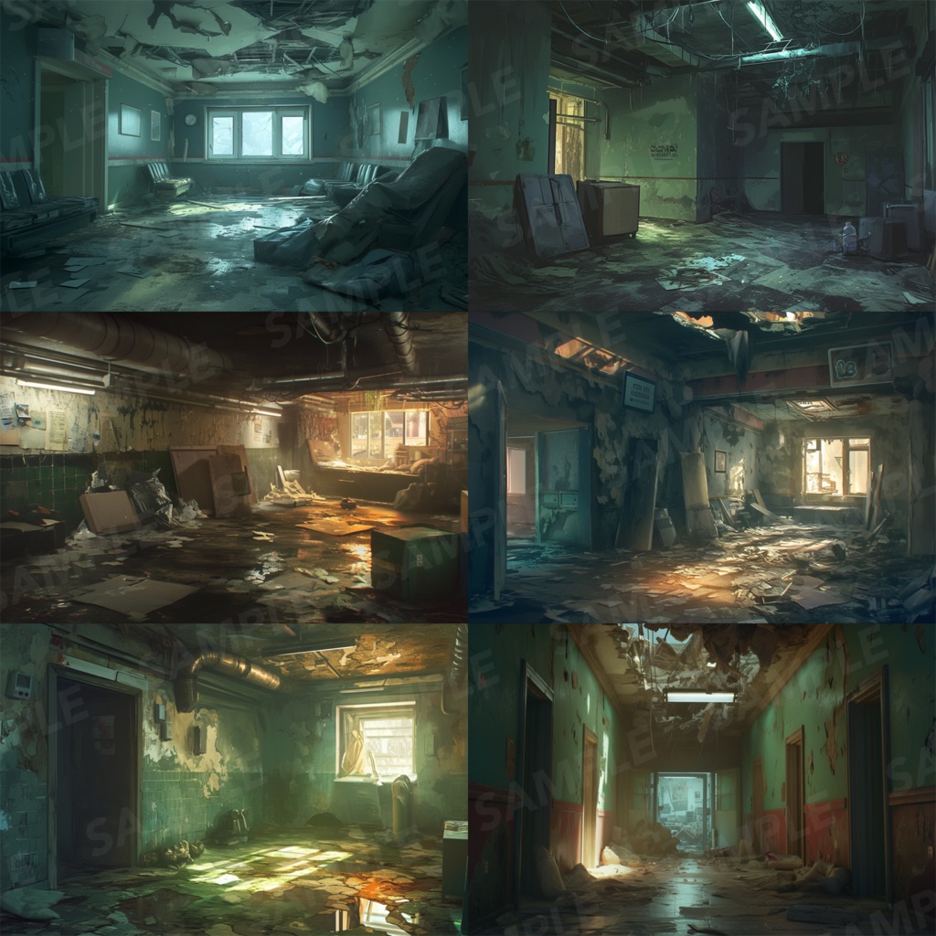 【背景素材】【緑】廊下 廃廊下 廃墟 廃屋 通路 アパート 建物 施設 室内 アジト 倉庫 サイバーパンク ホラー 背景 世界観 30枚【画集】【コンセプトアート】