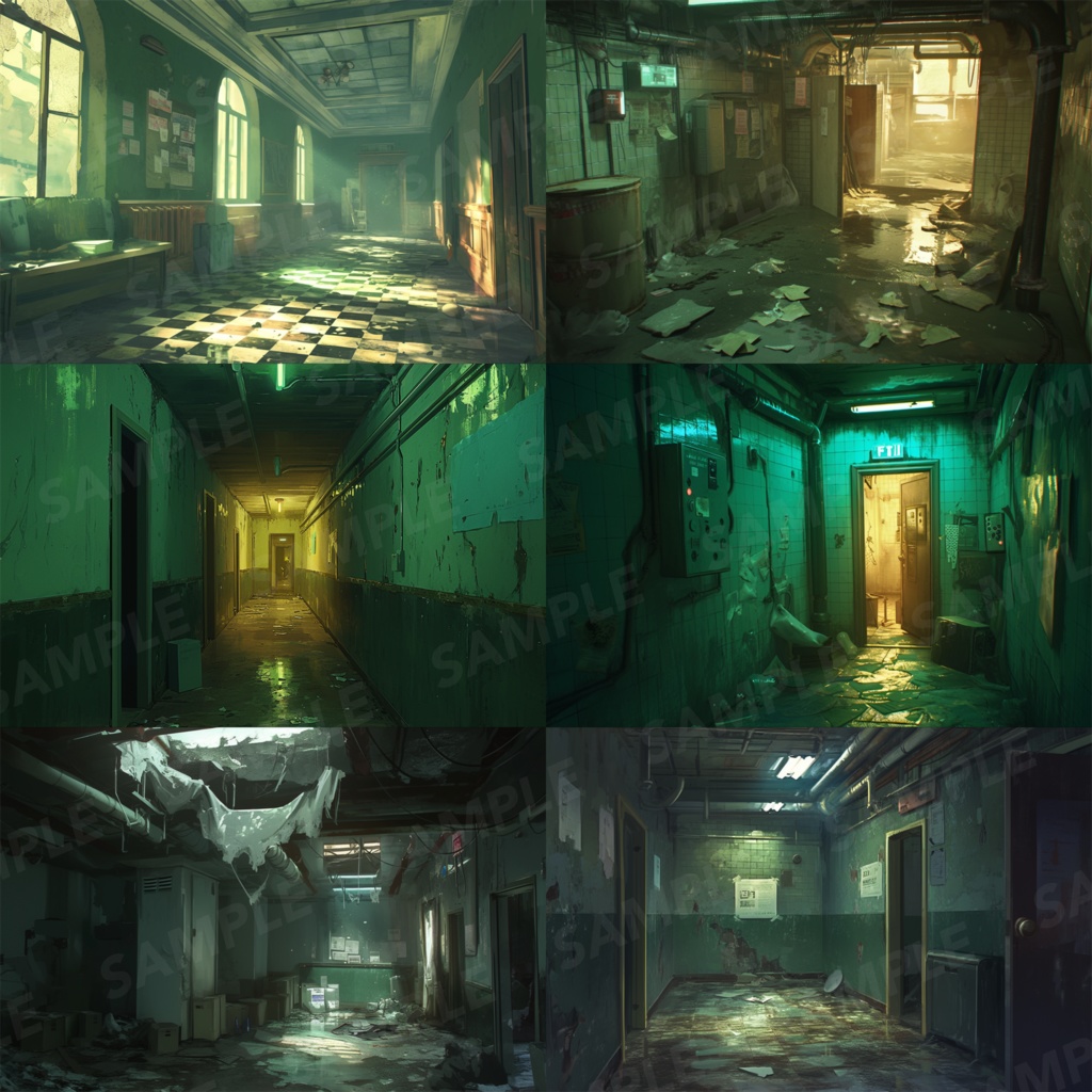 【背景素材】【緑】廊下 廃廊下 廃墟 廃屋 通路 アパート 建物 施設 室内 アジト 倉庫 サイバーパンク ホラー 背景 世界観 30枚【画集】【コンセプトアート】