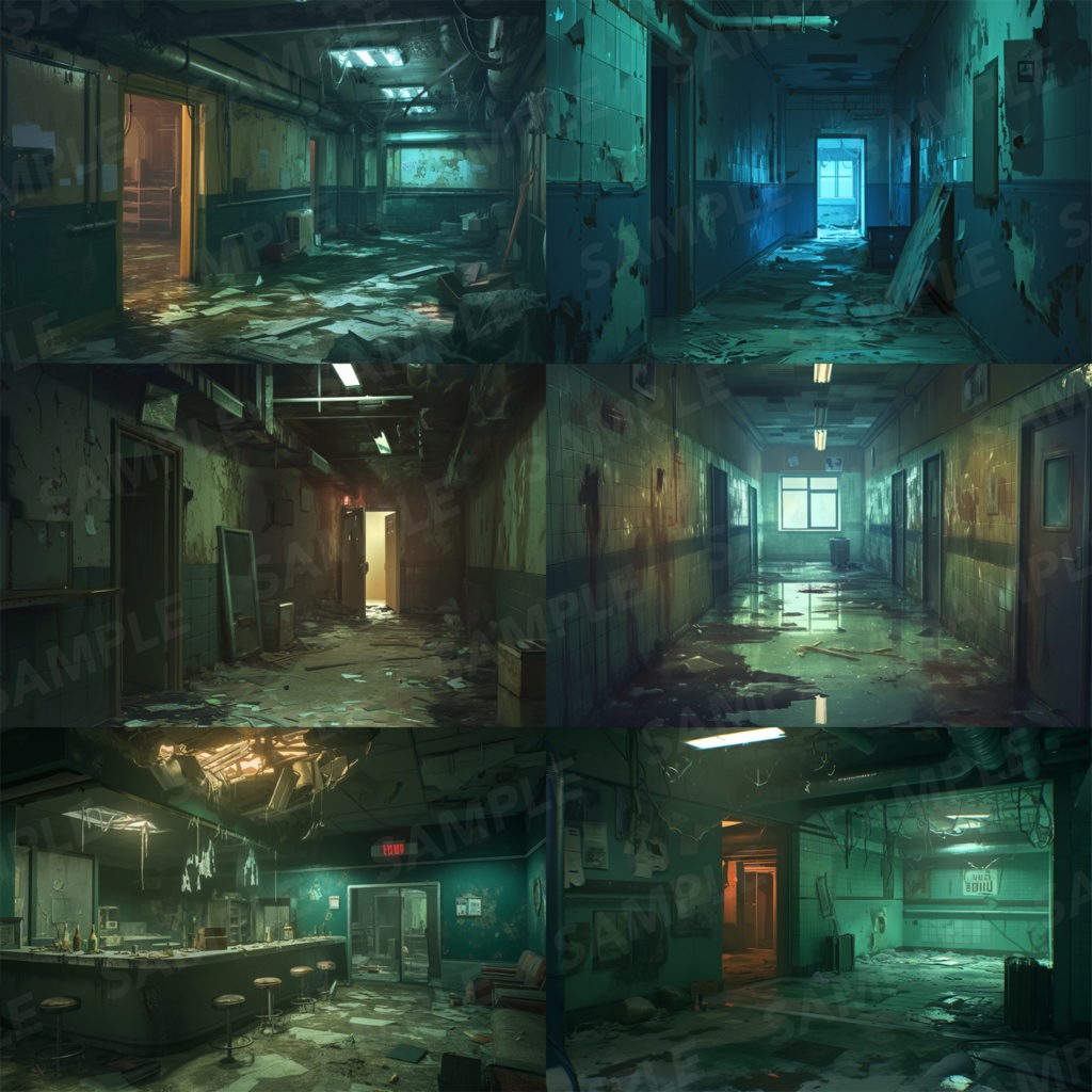 【背景素材】【緑】廊下 廃廊下 廃墟 廃屋 通路 アパート 建物 施設 室内 アジト 倉庫 サイバーパンク ホラー 背景 世界観 30枚【画集】【コンセプトアート】