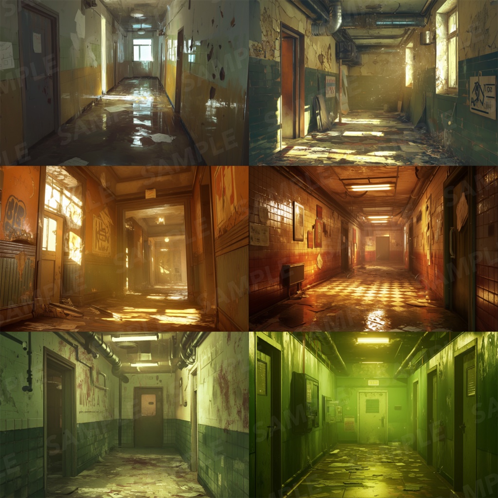 【背景素材】【黄】廊下 廃廊下 廃墟 廃屋 通路 アパート 建物 施設 室内 アジト 倉庫 サイバーパンク ホラー 背景 世界観 30枚【画集】【コンセプトアート】