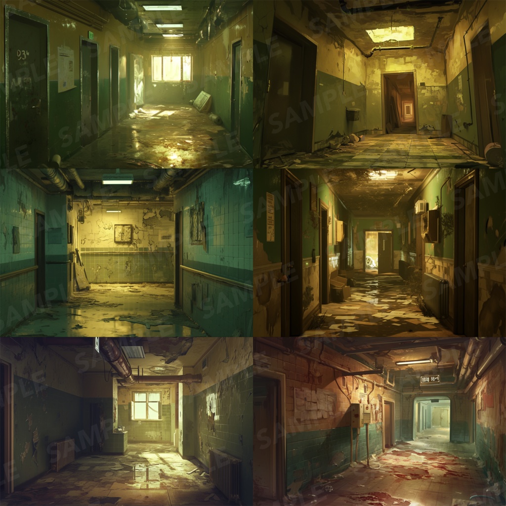 【背景素材】【黄】廊下 廃廊下 廃墟 廃屋 通路 アパート 建物 施設 室内 アジト 倉庫 サイバーパンク ホラー 背景 世界観 30枚【画集】【コンセプトアート】