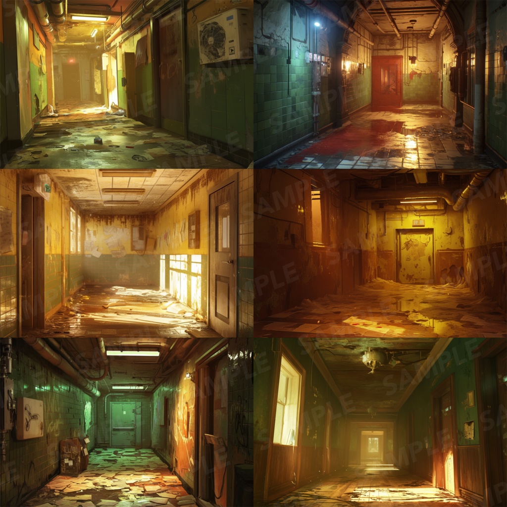 【背景素材】【黄】廊下 廃廊下 廃墟 廃屋 通路 アパート 建物 施設 室内 アジト 倉庫 サイバーパンク ホラー 背景 世界観 30枚【画集】【コンセプトアート】