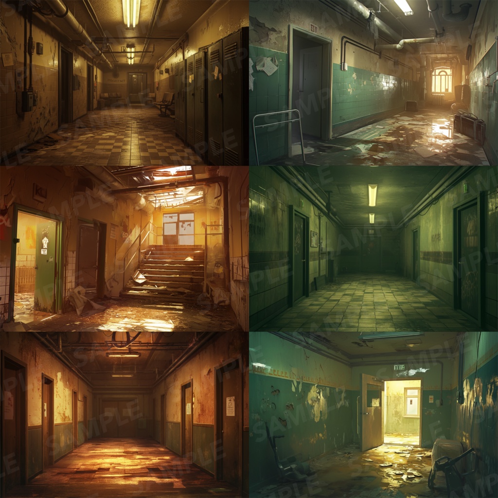 【背景素材】【黄】廊下 廃廊下 廃墟 廃屋 通路 アパート 建物 施設 室内 アジト 倉庫 サイバーパンク ホラー 背景 世界観 30枚【画集】【コンセプトアート】