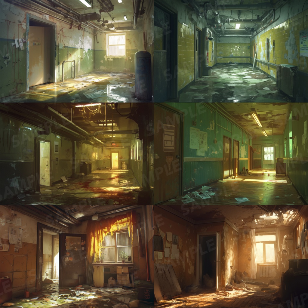 【背景素材】【黄】廊下 廃廊下 廃墟 廃屋 通路 アパート 建物 施設 室内 アジト 倉庫 サイバーパンク ホラー 背景 世界観 30枚【画集】【コンセプトアート】