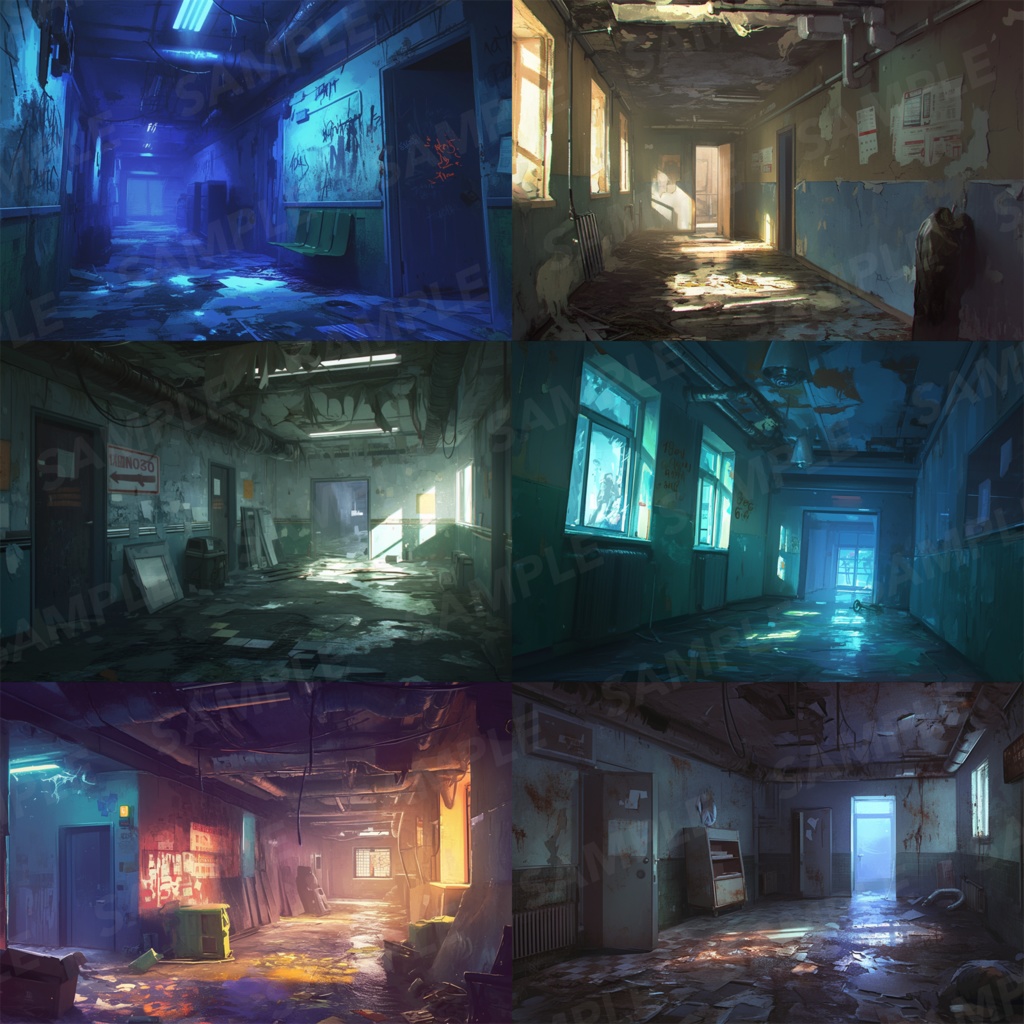 【背景素材】【青】廊下 廃廊下 廃墟 廃屋 通路 アパート 建物 施設 室内 アジト 倉庫 サイバーパンク ホラー 背景 世界観 30枚【画集】【コンセプトアート】