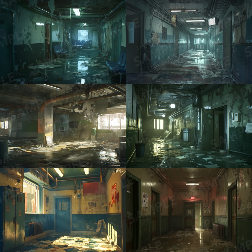 【背景素材】【青】廊下 廃廊下 廃墟 廃屋 通路 アパート 建物 施設 室内 アジト 倉庫 サイバーパンク ホラー 背景 世界観 30枚【画集】【コンセプトアート】