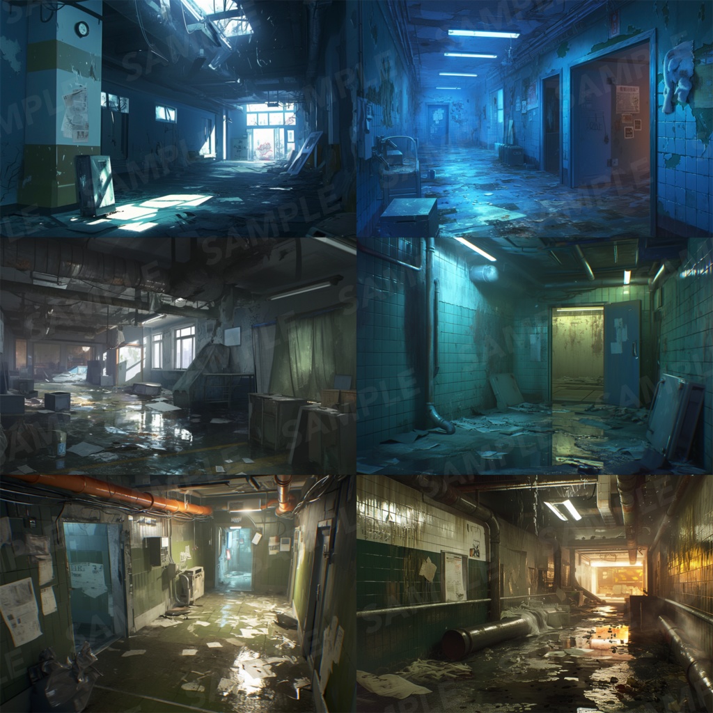 【背景素材】【青】廊下 廃廊下 廃墟 廃屋 通路 アパート 建物 施設 室内 アジト 倉庫 サイバーパンク ホラー 背景 世界観 30枚【画集】【コンセプトアート】