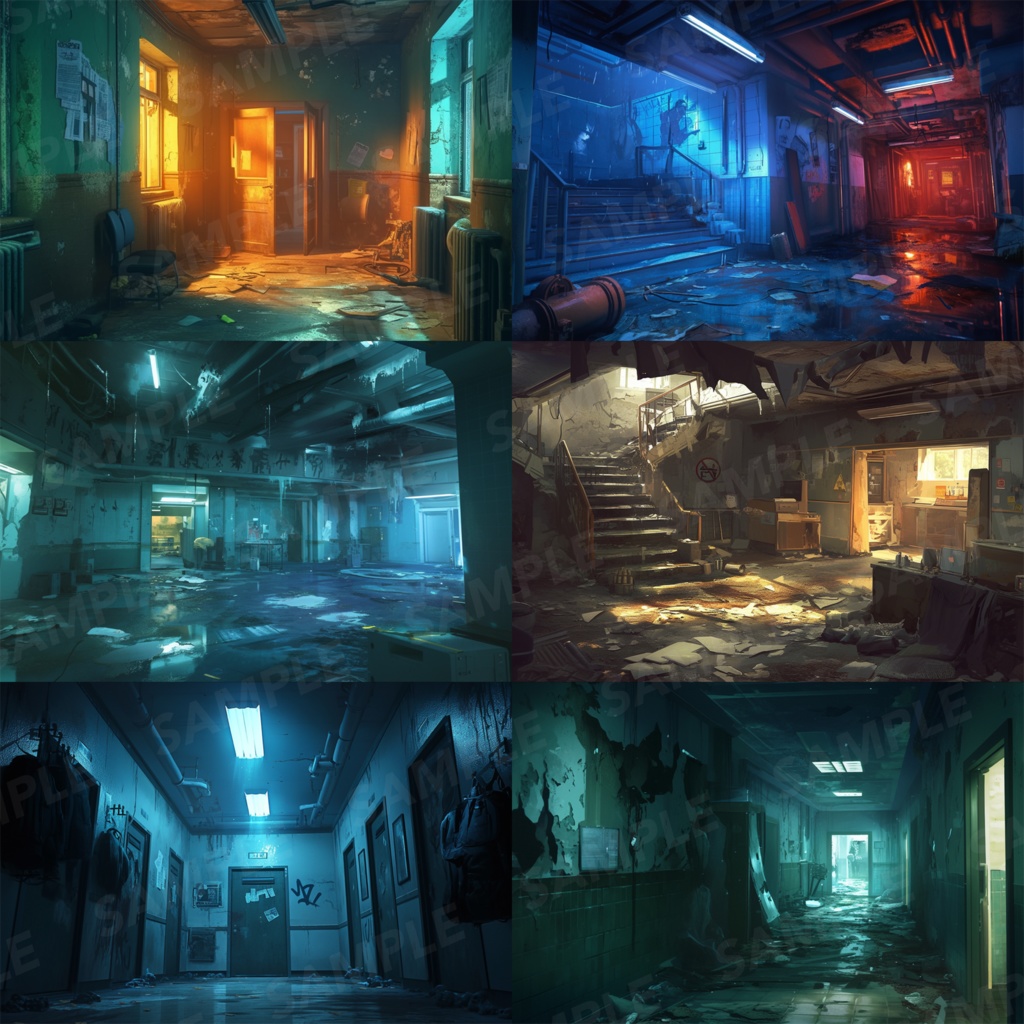 【背景素材】【青】廊下 廃廊下 廃墟 廃屋 通路 アパート 建物 施設 室内 アジト 倉庫 サイバーパンク ホラー 背景 世界観 30枚【画集】【コンセプトアート】