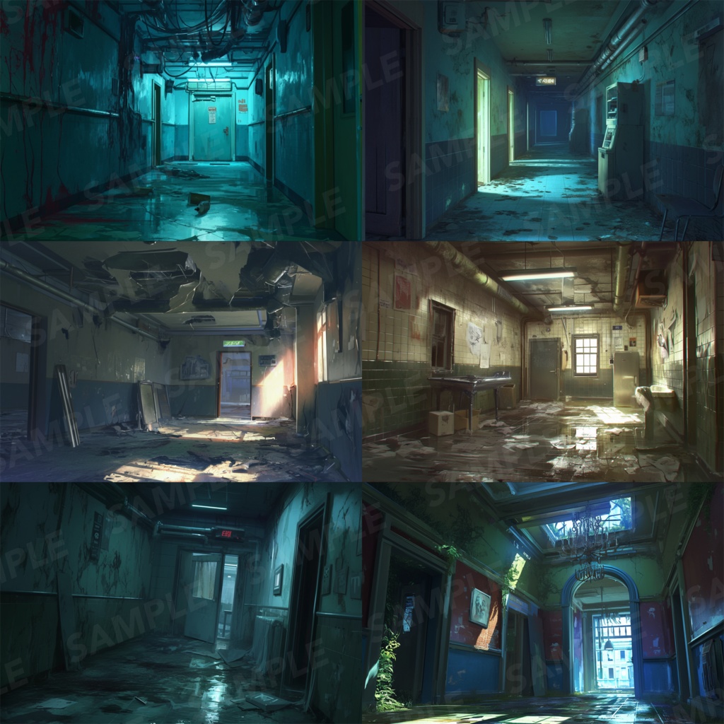 【背景素材】【青】廊下 廃廊下 廃墟 廃屋 通路 アパート 建物 施設 室内 アジト 倉庫 サイバーパンク ホラー 背景 世界観 30枚【画集】【コンセプトアート】