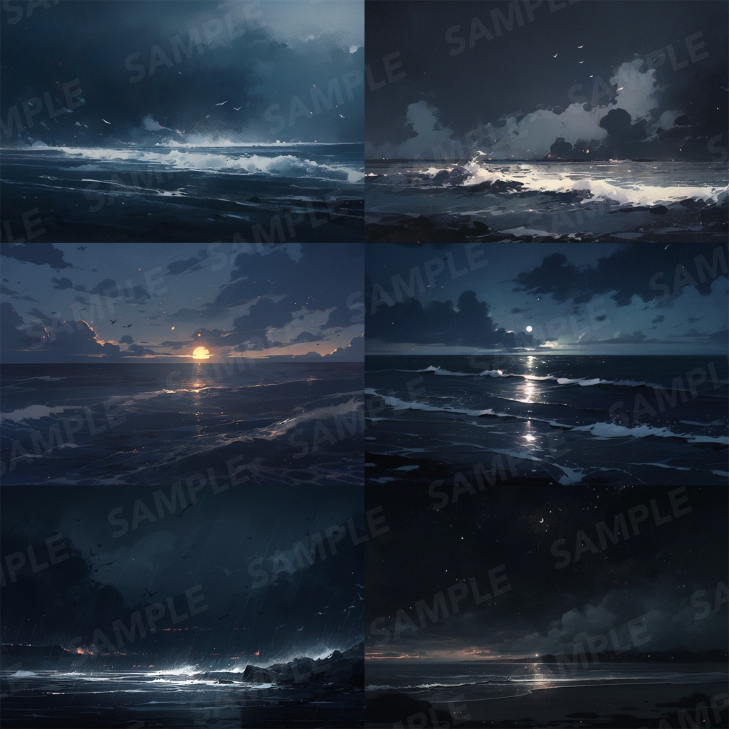 【背景素材】【暗】海 夜の海 海辺 海岸 海面 水面 波 湖 夜景 スパークル 世界観 30枚【画集】【コンセプトアート】