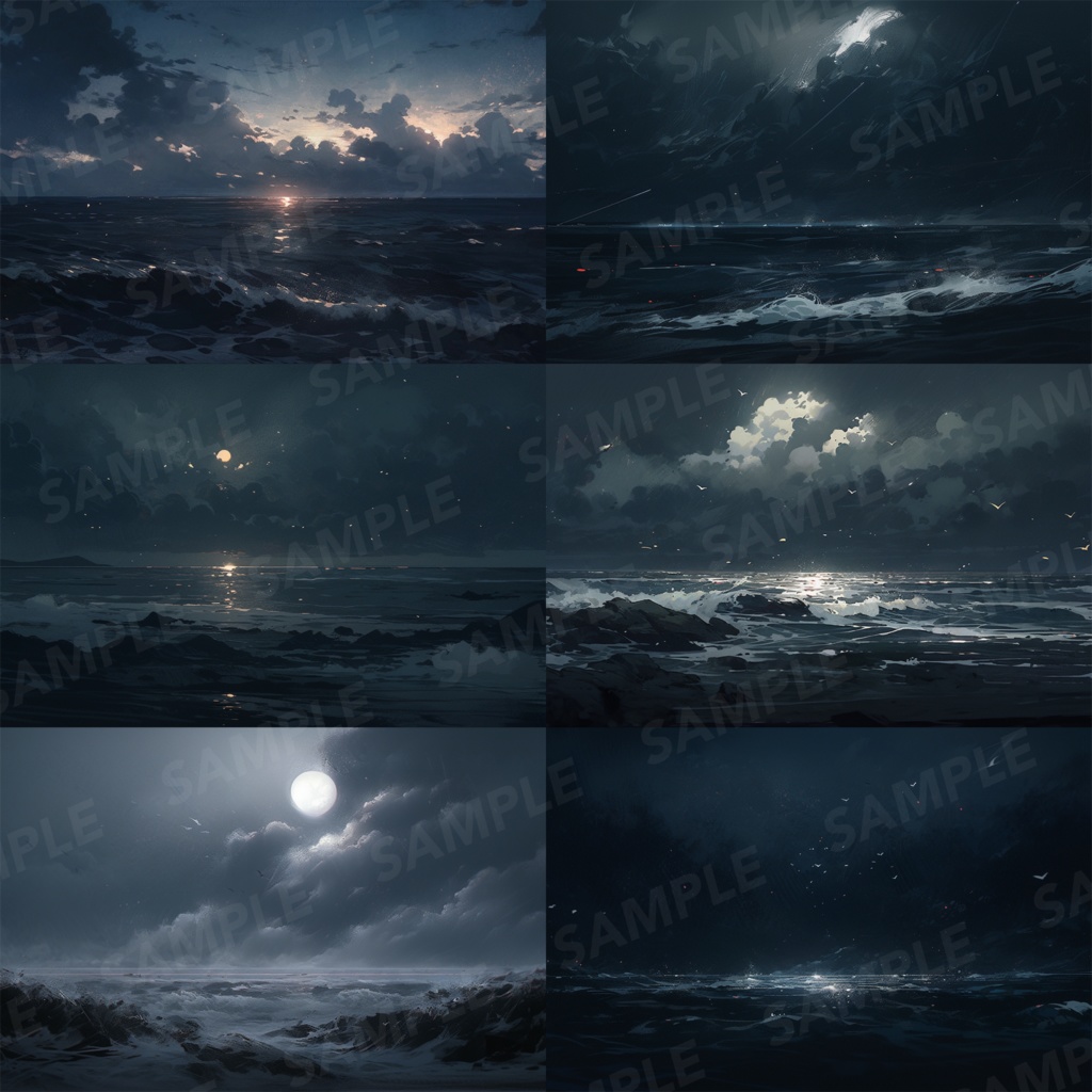 【背景素材】【暗】海 夜の海 海辺 海岸 海面 水面 波 湖 夜景 スパークル 世界観 30枚【画集】【コンセプトアート】