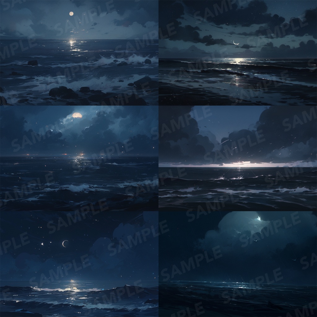 【背景素材】【暗】海 夜の海 海辺 海岸 海面 水面 波 湖 夜景 スパークル 世界観 30枚【画集】【コンセプトアート】