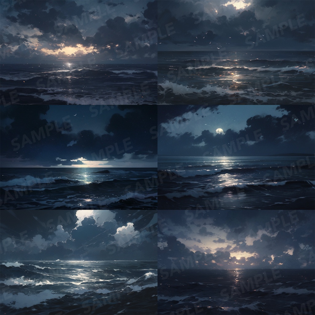 【背景素材】【暗】海 夜の海 海辺 海岸 海面 水面 波 湖 夜景 スパークル 世界観 30枚【画集】【コンセプトアート】