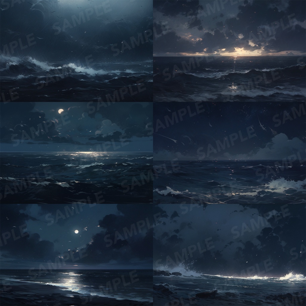 【背景素材】【暗】海 夜の海 海辺 海岸 海面 水面 波 湖 夜景 スパークル 世界観 30枚【画集】【コンセプトアート】