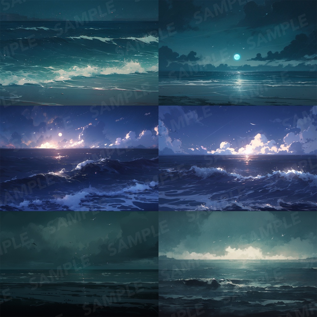 【背景素材】【青】海 夜の海 海辺 海岸 海面 水面 波 湖 夜景 スパークル 世界観 30枚【画集】【コンセプトアート】