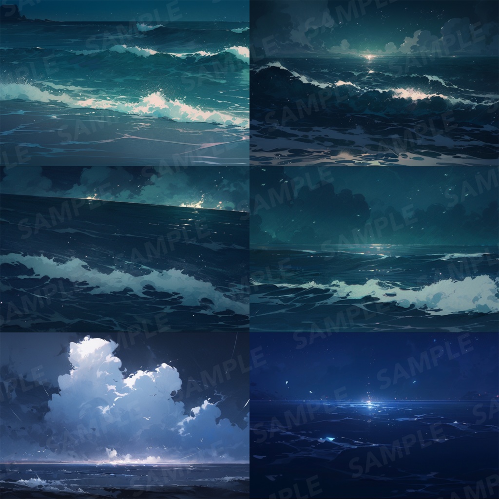 【背景素材】【青】海 夜の海 海辺 海岸 海面 水面 波 湖 夜景 スパークル 世界観 30枚【画集】【コンセプトアート】