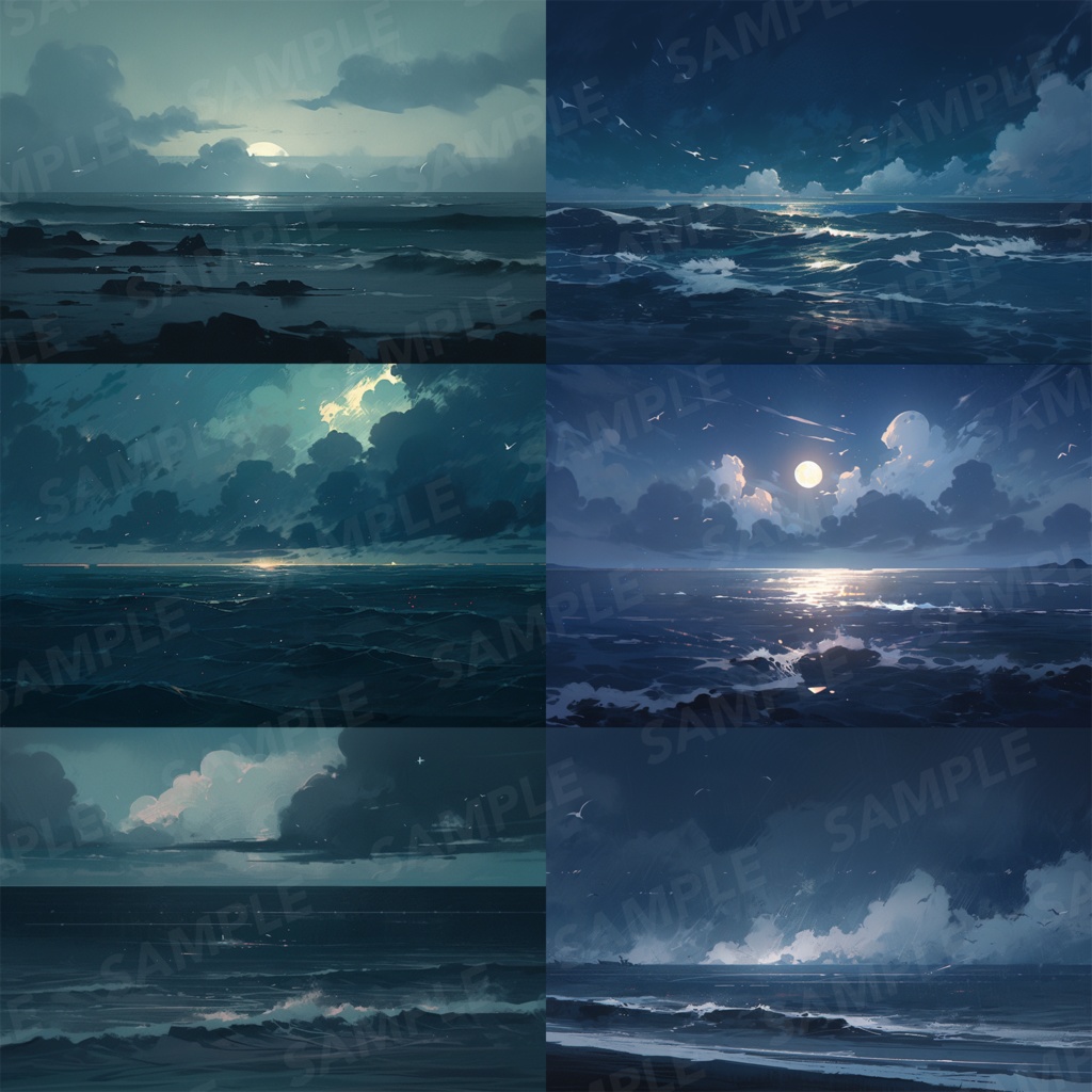 【背景素材】【青】海 夜の海 海辺 海岸 海面 水面 波 湖 夜景 スパークル 世界観 30枚【画集】【コンセプトアート】
