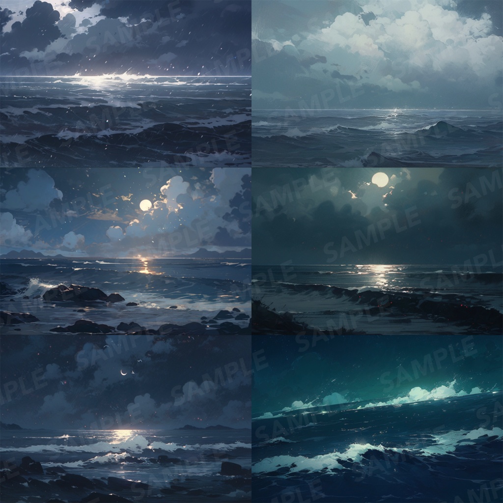 【背景素材】【青】海 夜の海 海辺 海岸 海面 水面 波 湖 夜景 スパークル 世界観 30枚【画集】【コンセプトアート】