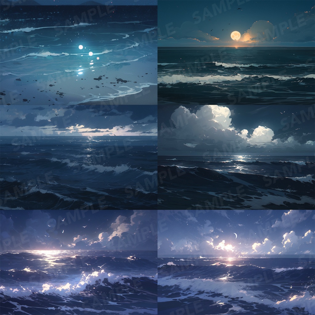 【背景素材】【青】海 夜の海 海辺 海岸 海面 水面 波 湖 夜景 スパークル 世界観 30枚【画集】【コンセプトアート】